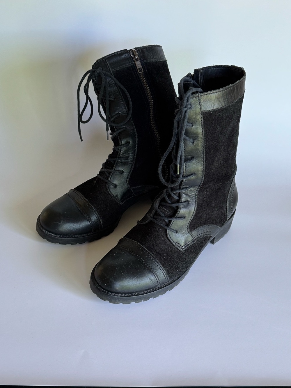 Arezzo Leather Black Lace-Up Combat Boots - Women's Moto Style